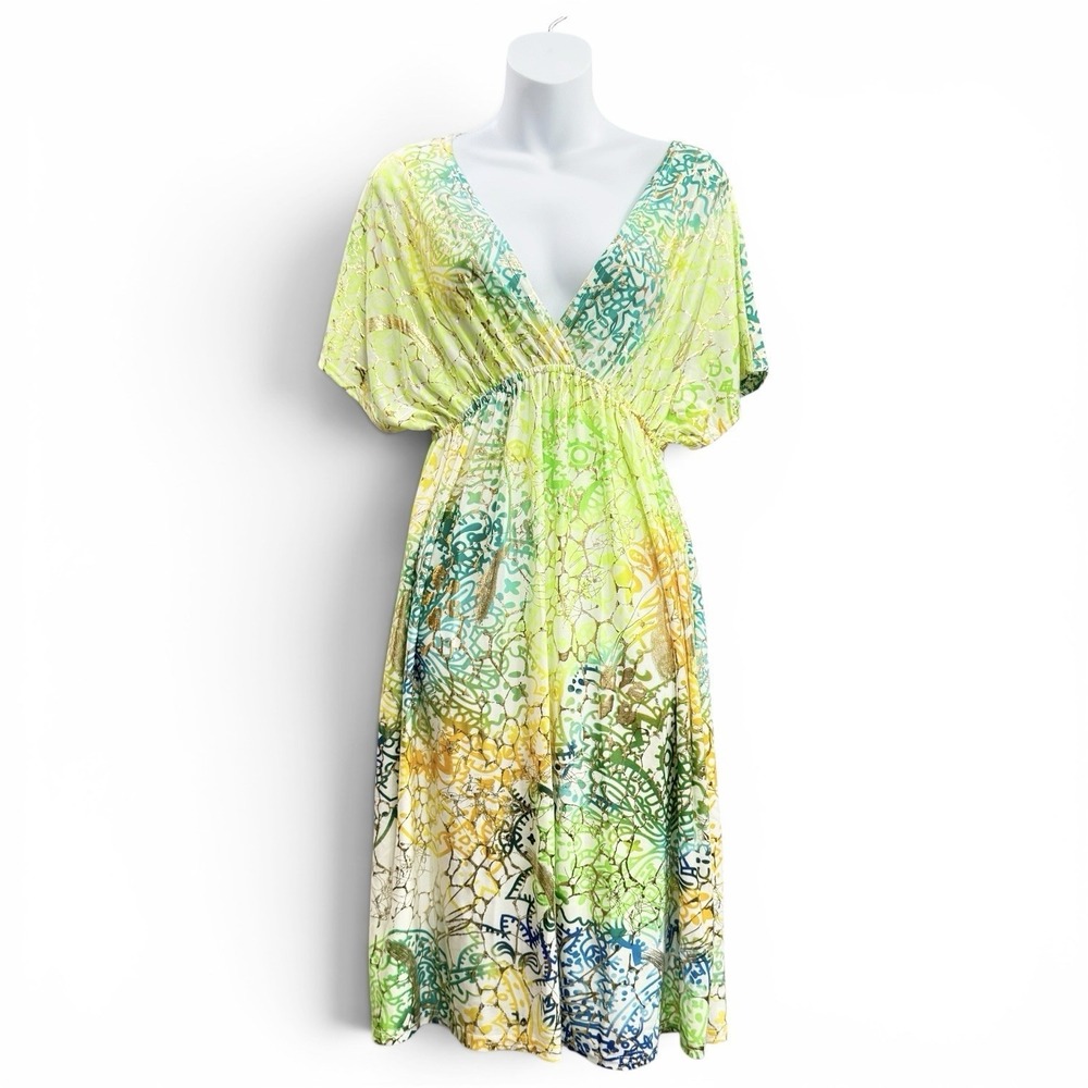 SHORELINE MIDI Gold Foil Dress L Green Turquoise Y2K Style Summer Glam Fairycore